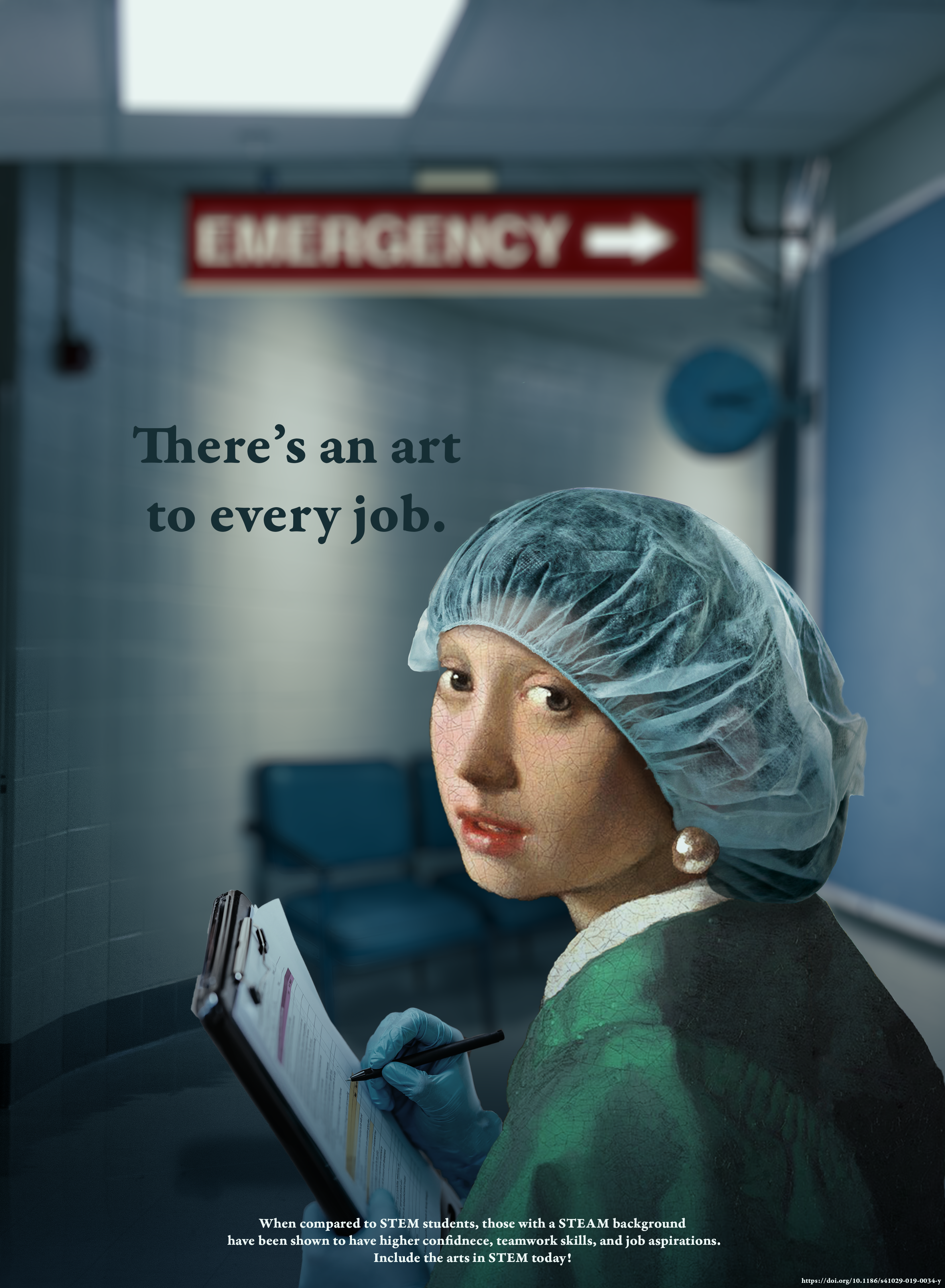 A poster depicting the girl from The Girl With the Pearl Earring in a nurse's outfit and hospital setting. The text reads: There's an art to every job.