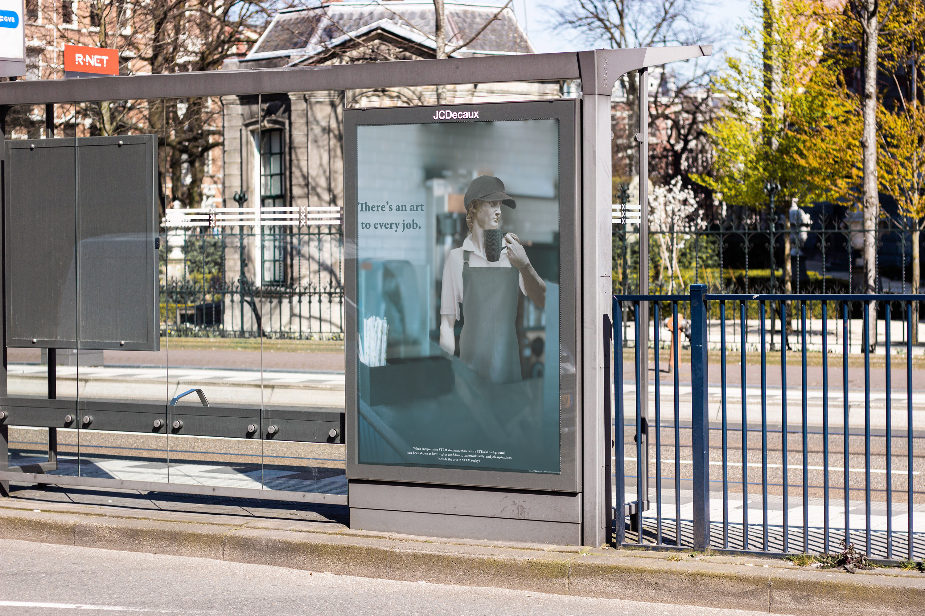 A mockup of the David execution of the campaign on a poster at a bus stop.