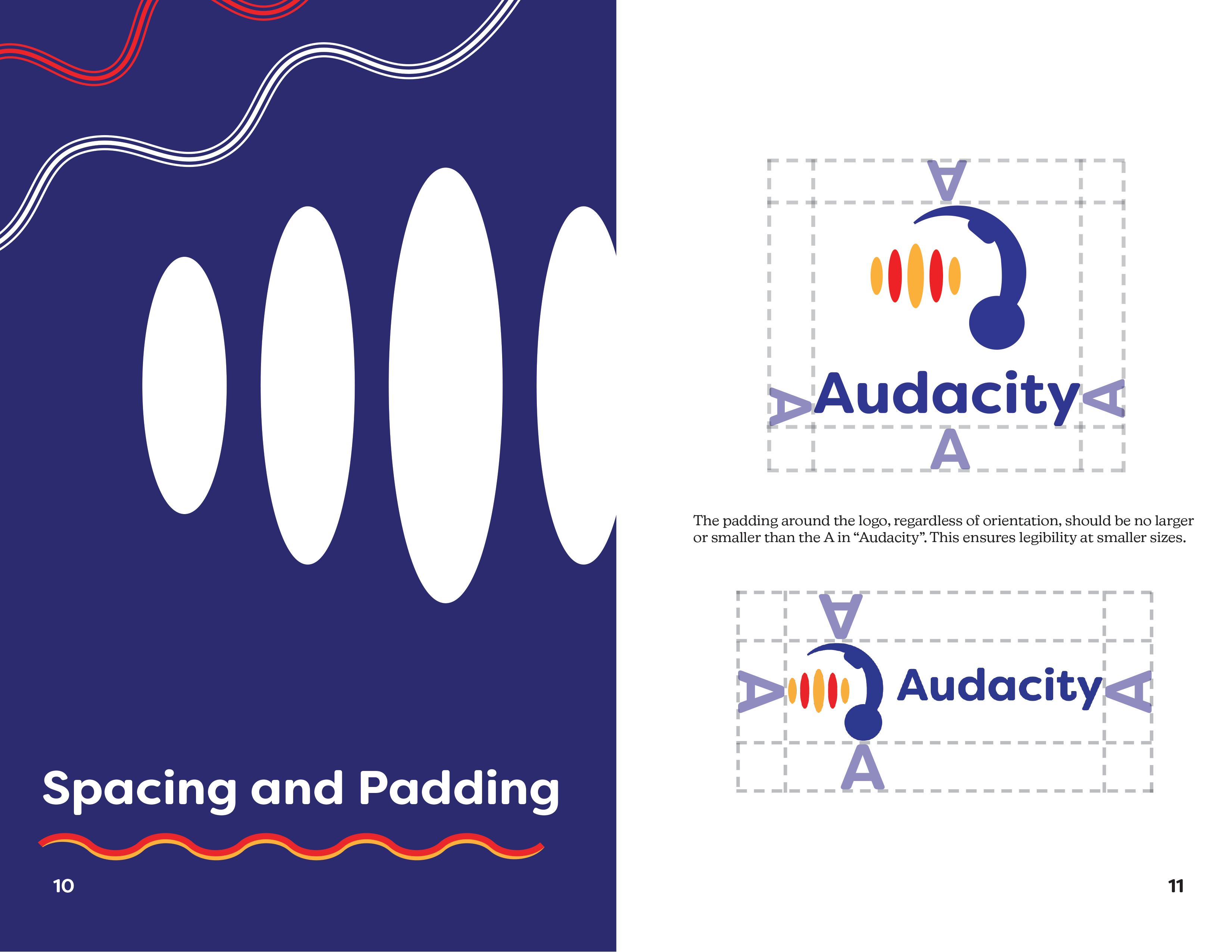 Spread showing the spacing and padding guidelines for the logo.