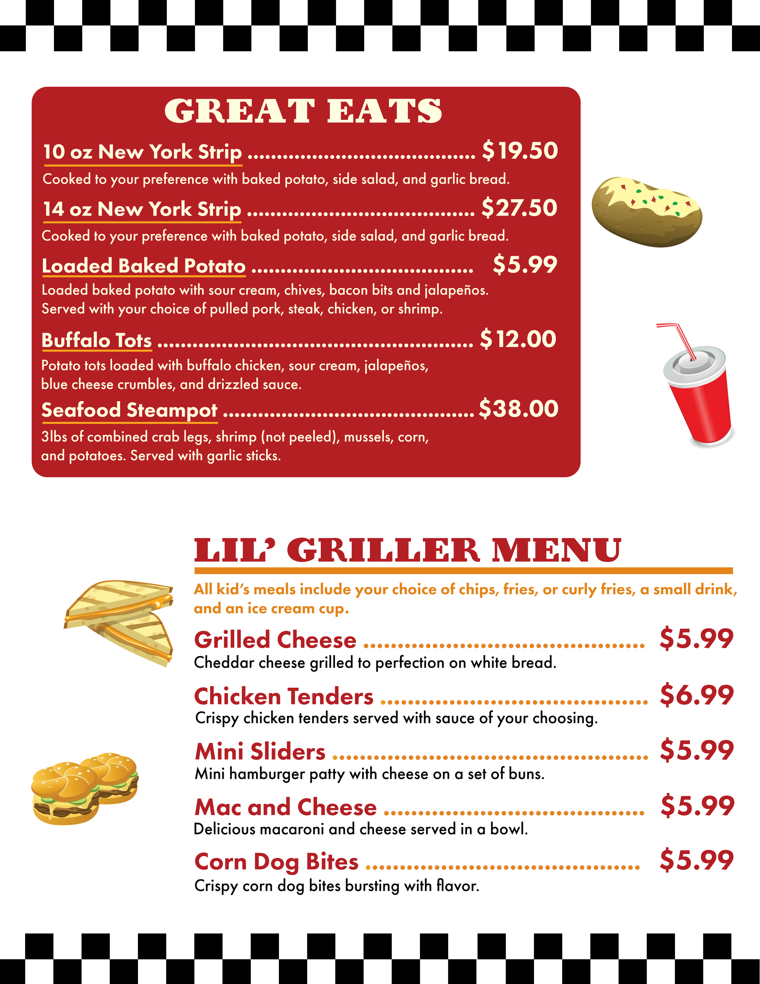 Menu page showing main courses and a kid's menu.