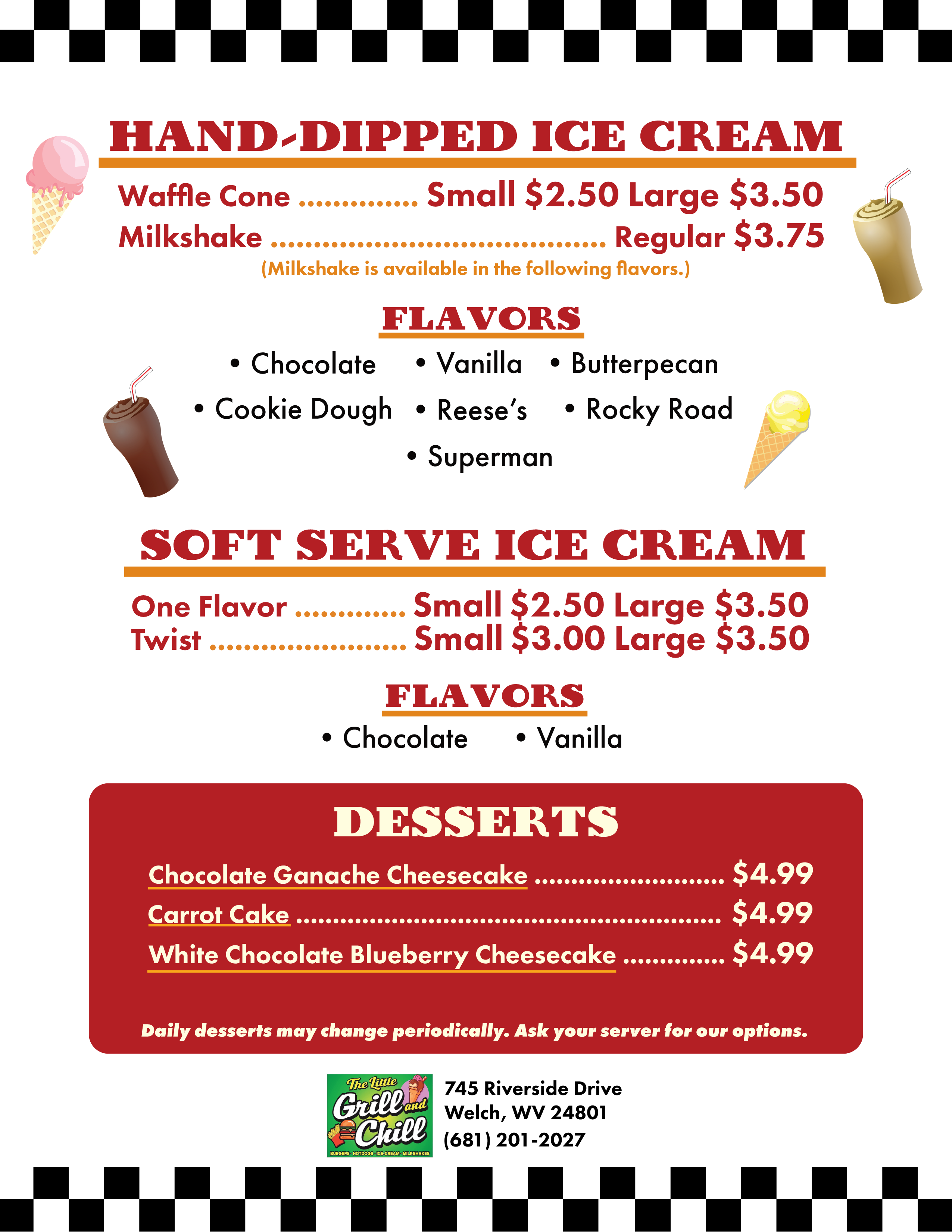 Menu page showing offered desserts.