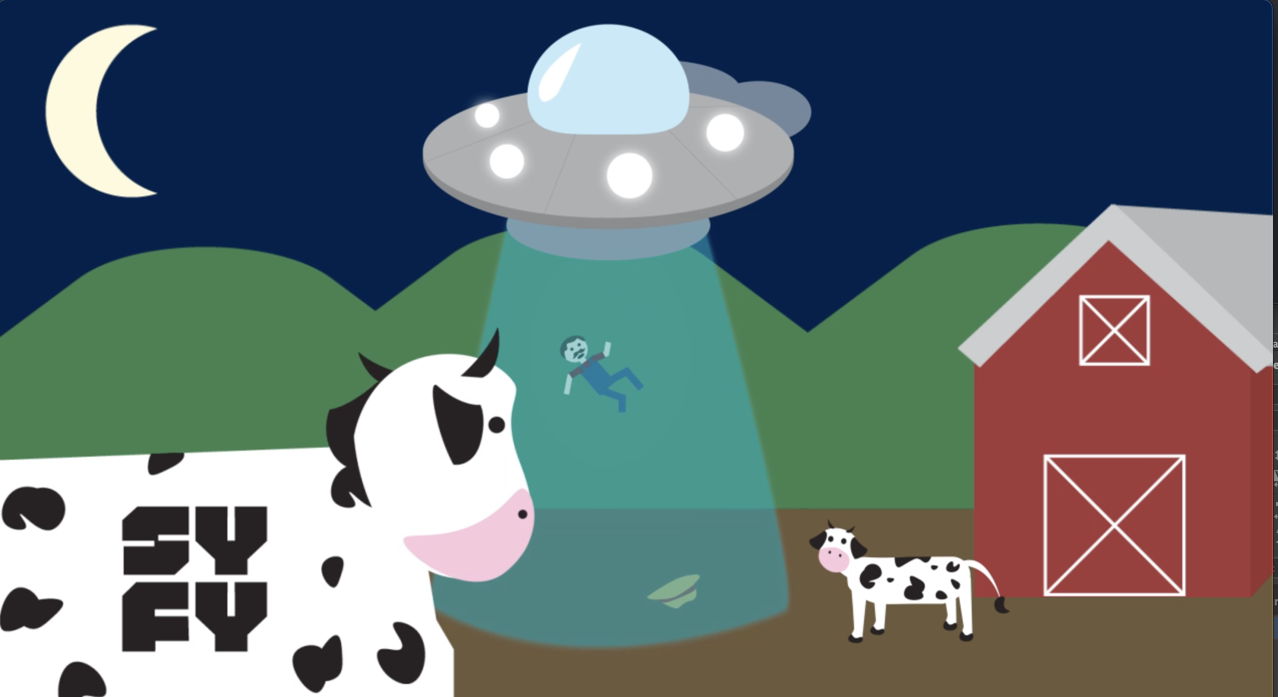 Screenshot from the network ID showing a cow looking towards the farmer character. 