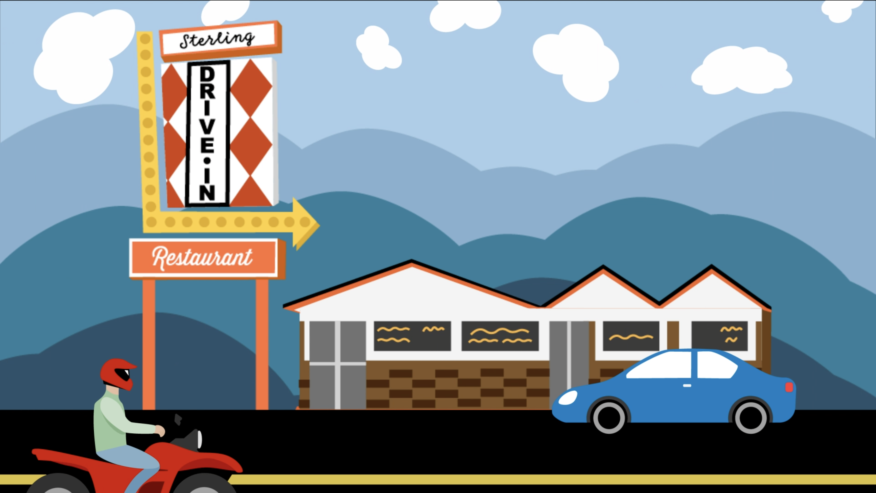 Screenshot from the video which shows a car approaching the local Sterling Drive-In Restaurant.